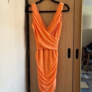 Likely Orange Ruched Sheath Dress V-Neck Cocktail